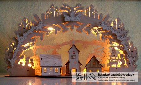 Laubsägevorlage 3D-Schwibbogen Dorf mit Kirche 67cm